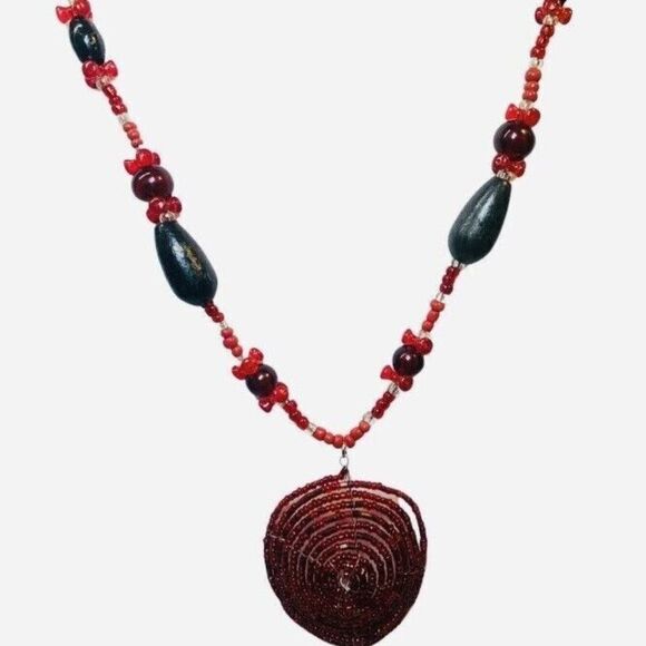 Vintage Hippie Bohemian Red Beaded Pendant Statement Necklace 24”Wood Artesian - Picture 2 of 16